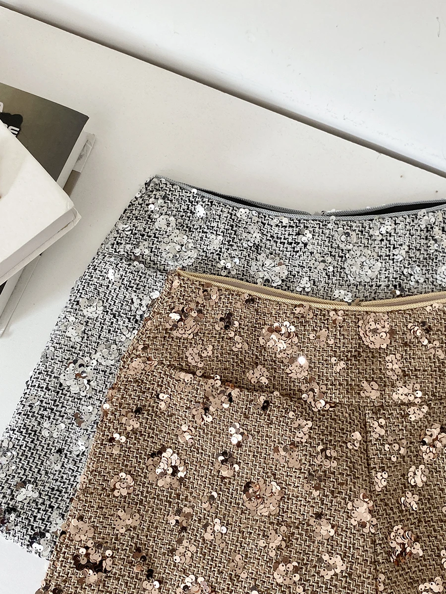 Women's Autumn Winter Streetwear Sequined High Waist Wide Leg Shorts Lady High Waist Bling Bling Short Pants