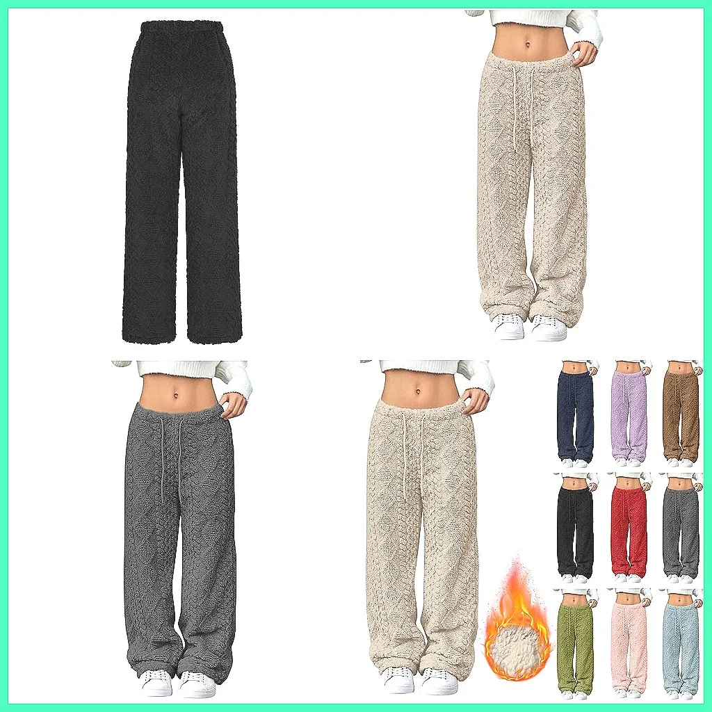

Women's High Waist Plush Pants - Warm Fleece Loose Fit Winter Trousers, Stretch Comfort Casual Solid Color