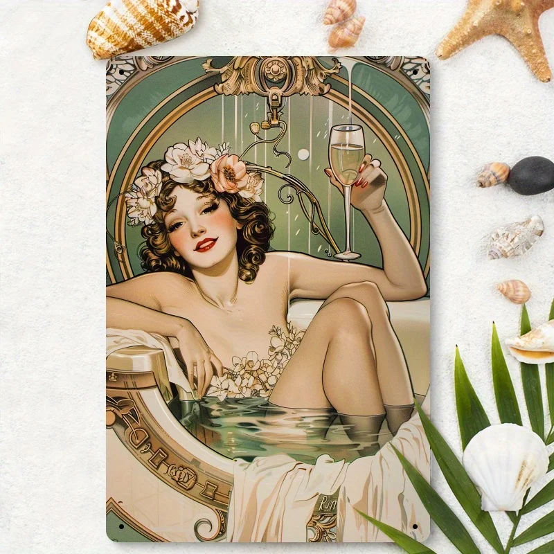 ديكور الغرفة قطعة واحدة من ديكور الغرفة - 1920s سيدة أنيقة شرب الشمبانيا في حوض الاستحمام علامة عتيقة مطلية بالقصدير، جدارية جدارية للحمام، Uniq #3