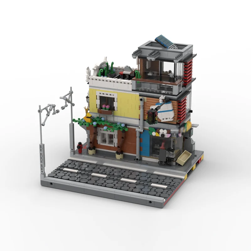 Modelo de vista de rua moc tijolos de construção comercial rua pet shop tecnologia modular crianças presentes do feriado montar brinquedos terno