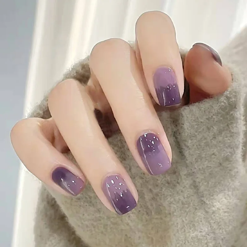 24 sztuk/zestaw krótka sztuczna prasa na końcówce paznokci fioletowe wzory odpinane sztuczne paznokcie wielokrotnego użytku Stick-on Nail Art DIY