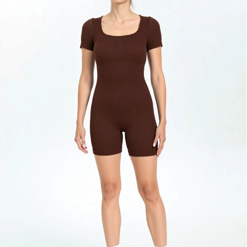 

Бесшовное боди в рубчик с короткими рукавами, женский костюм для йоги, спортивная одежда с контролем живота для бега, тренировок в тренажерном зале, одежда для фитнеса