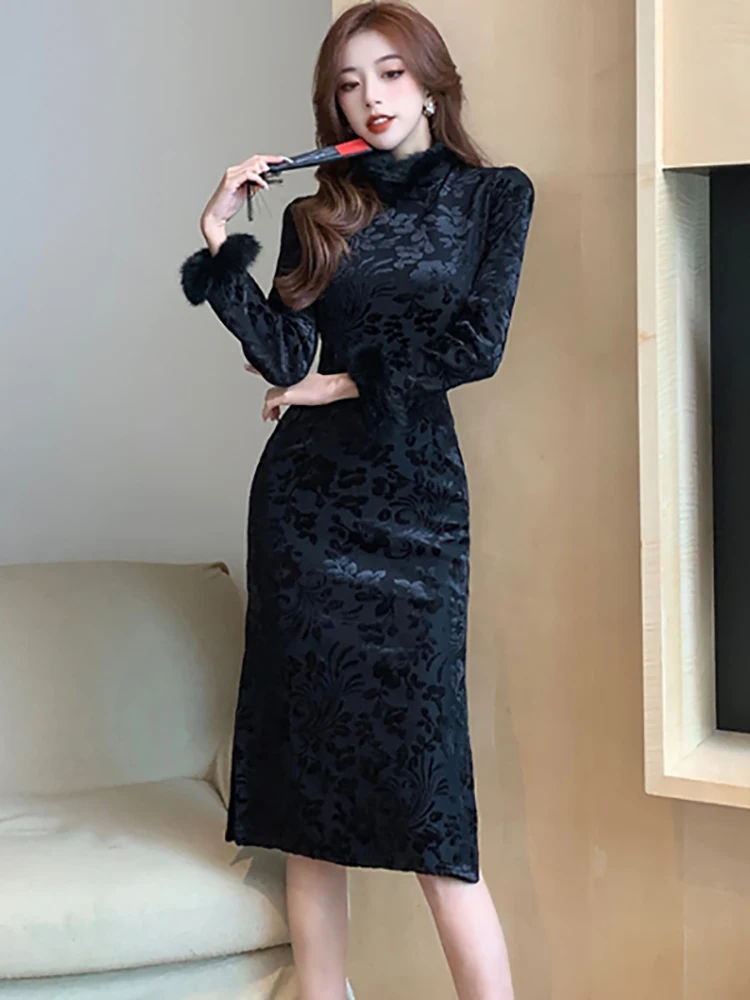 Women Korean Vintage Luxury Vestidos Autumn Winter Black Jacquard Velvet Thick Warm Long Dress 2024 Elegant Bodycon Party Dress