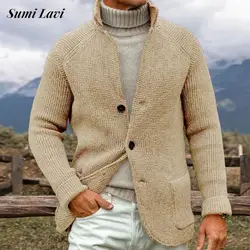 Vintage Stand Collar Single-breasted Sweater Cardigan Men Spring Fall Long Sleeve Knitting Jacket Coat For Mens Casual Sweaters