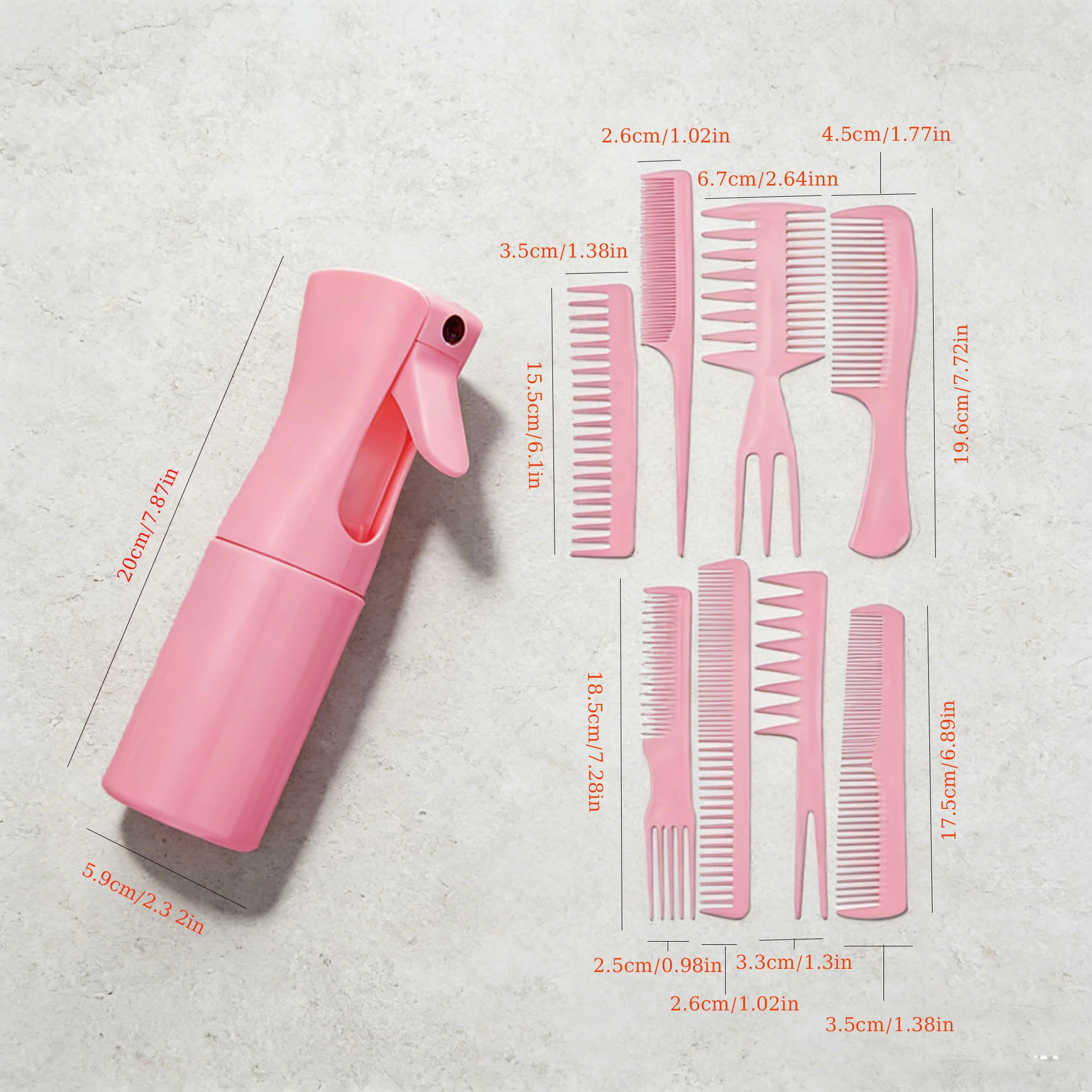 9-Piece Pink Hair Styling Set Refillable Spray Bottle Multi-function Partition Combs Household Salon Hairdressing Grooming Tools