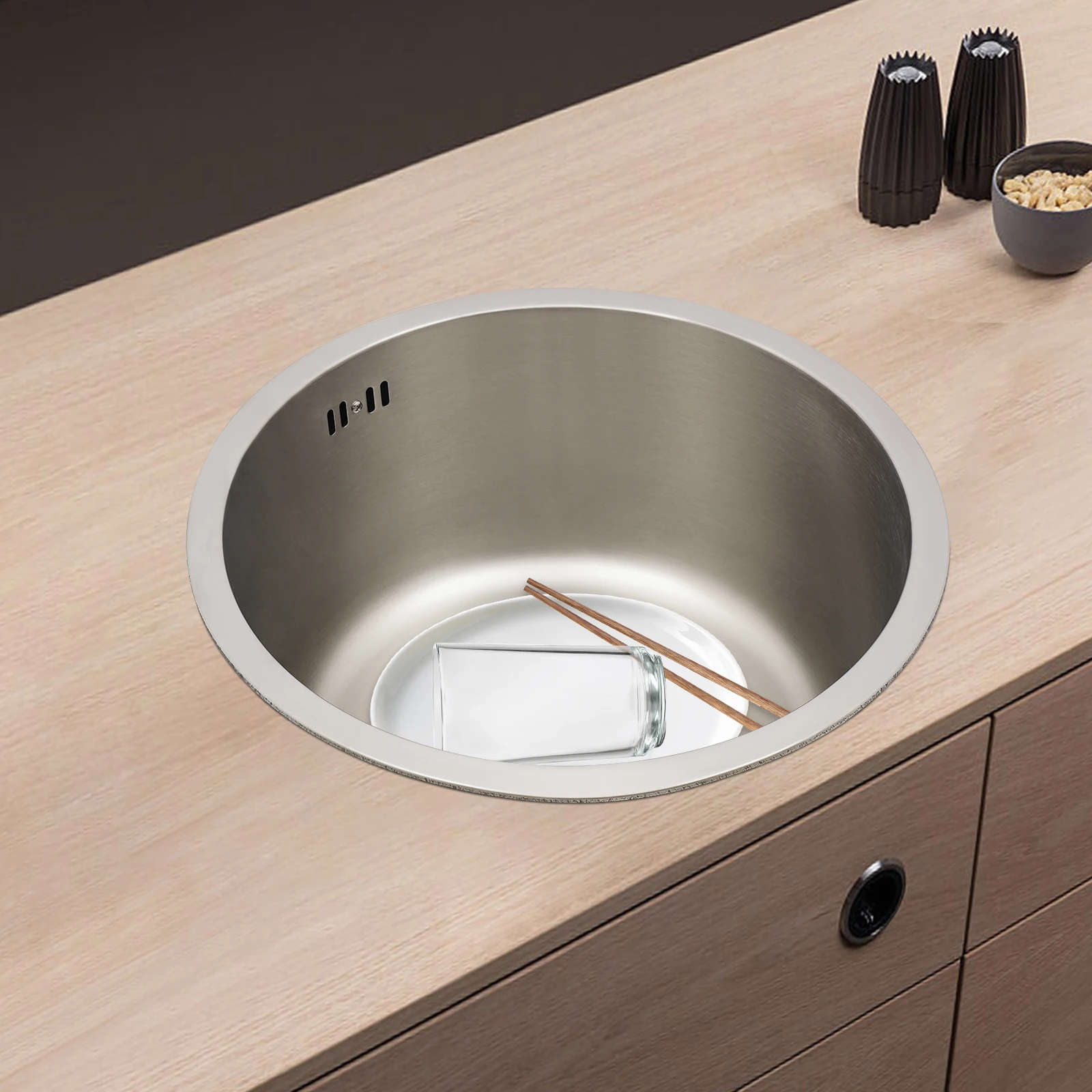 Image 4: Mini évier rond rond avec raccord de tuyau de vidange, 41cm de diamètre, acier inoxydable 304 pour la cuisine