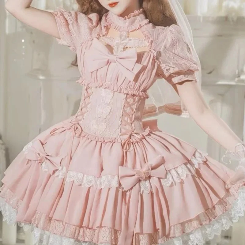 

Bows Y2K Dresses Lolita Pink Plaid Short Sleeve Heart Trim And Ribbon Sweet JK Summer Outfit With Matching Accessories Girls