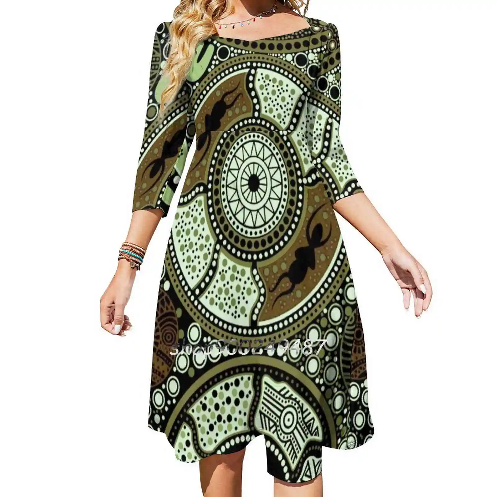 Spirit Of The Country-Because Of Her , We Can Square Neck Dress Sweet Summer Dress Women Elegant Halter Print Dress Aboriginal