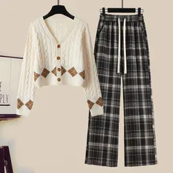 Autumn Winter Casual 2 Pieces Sets For Women Outfits Korean Sweet Twist Knitted Cardigans+vintage Plaid Wide Leg Pants Sets 2024