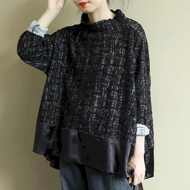 Pop Pop T-Shirts For Women Stand Collar Loose Casual Female Pullover Long Sleeved Aesthetic Tops Korean Fashion Vintage Women Cl