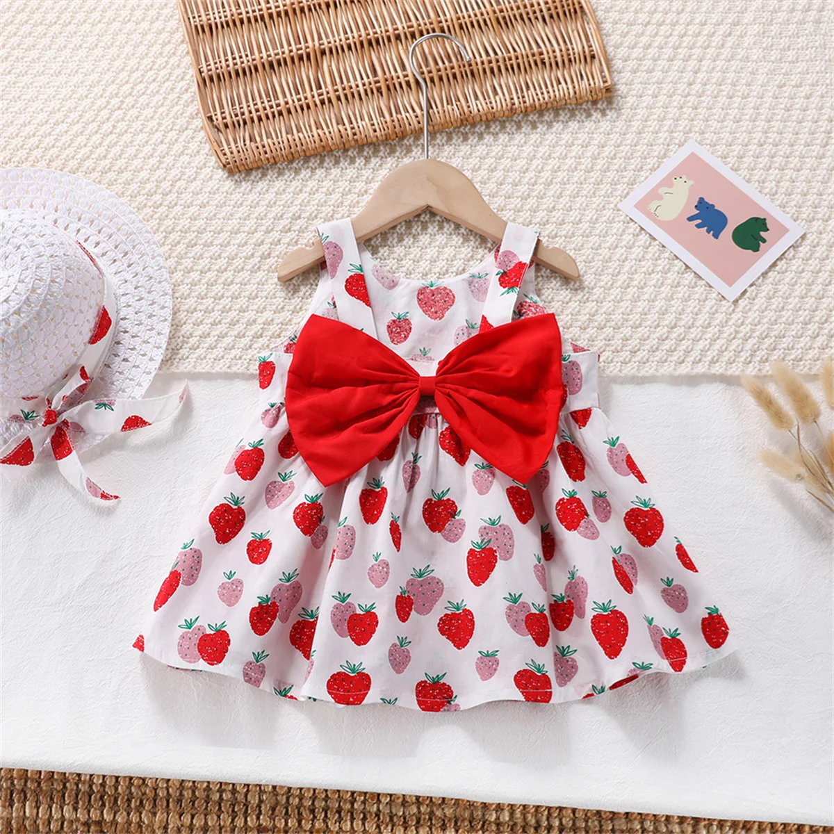 2Pcs/SetSummer Girl Strawberry Sleeveless Strap Dress Cotton Cute Baby Beach Dress Children's Dress Gift Hat