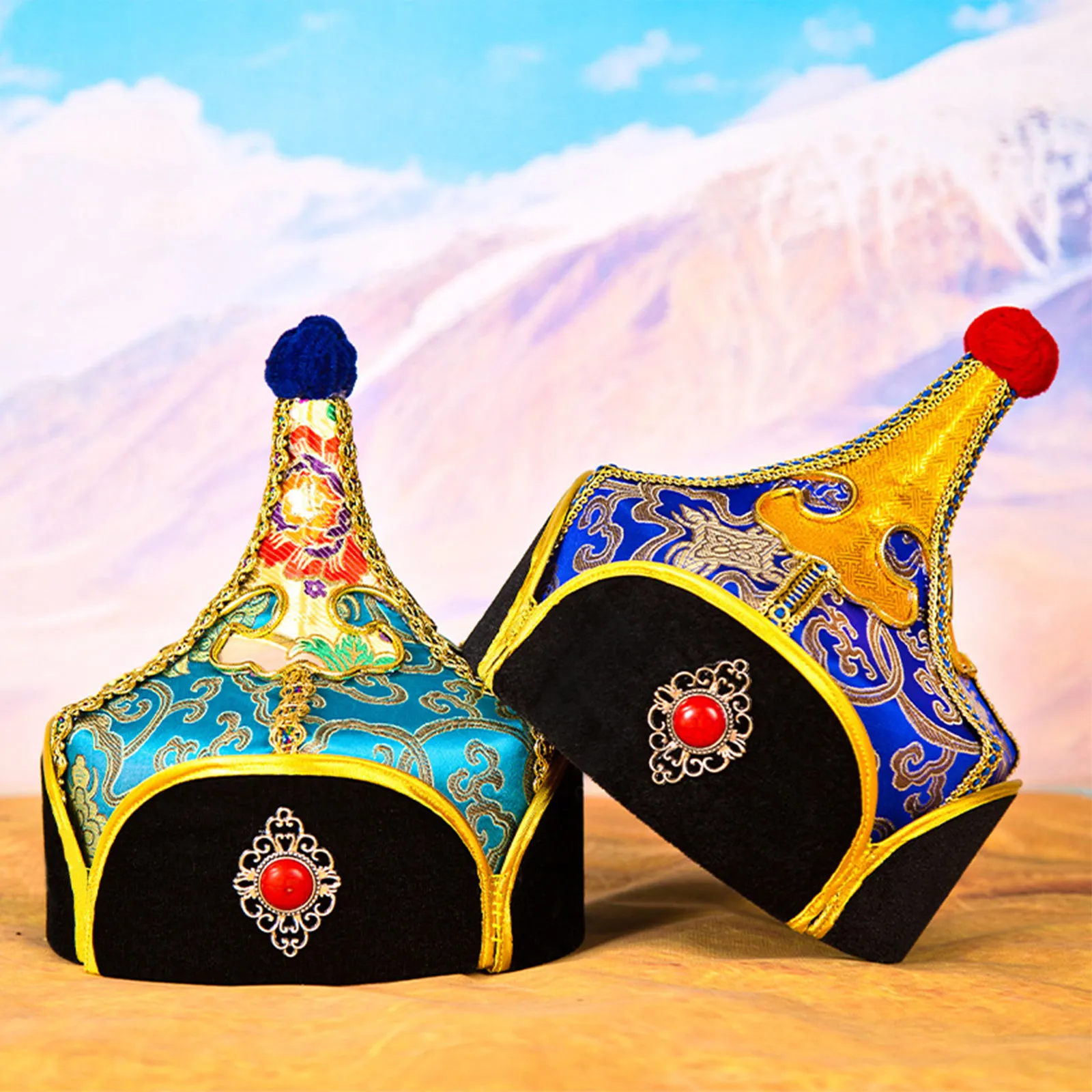 Mongolski kapelusz z delikatnymi wzorami, kapelusz księcia generała, ozdobny, dla mężczyzn, akcesoria do kostiumów, na występy sceniczne.