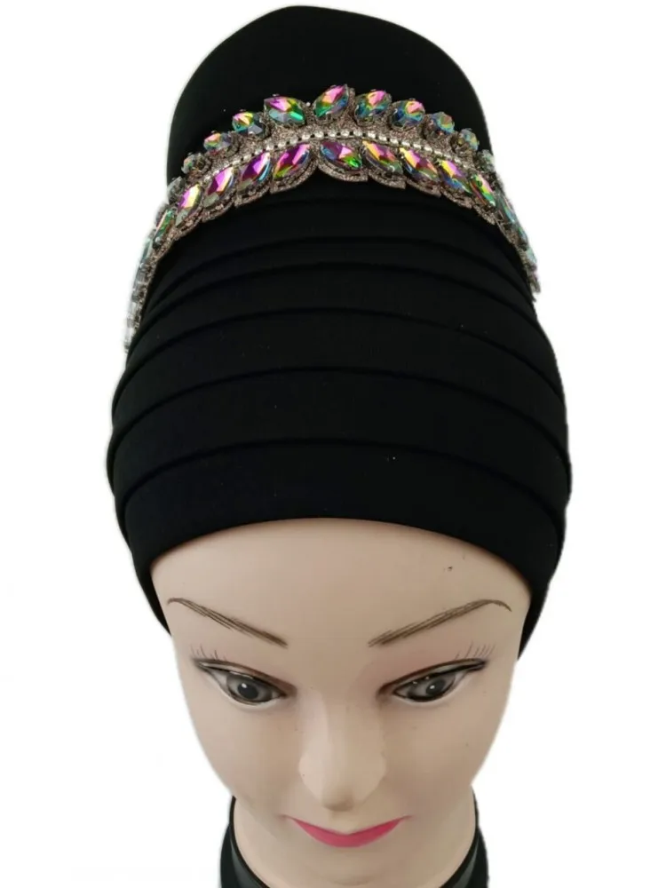 African Muslim Turbans Auto Gele Women Hat Dradped With Bow Bonnet Head Wraps Fashion Solid Bandana African Headtie Hijab Caps