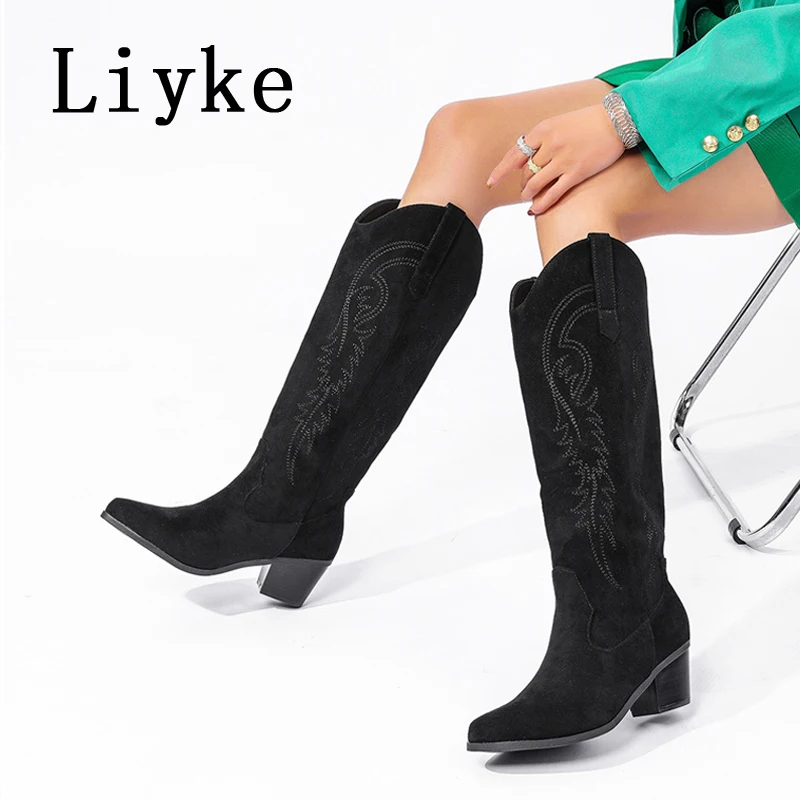 

Женские ковбойские сапоги Liyke больших размеров 42-43 в западном стиле, модные, с вышивкой, из замши, осенне-зимние, на низком каблуке, длинные черные ботинки