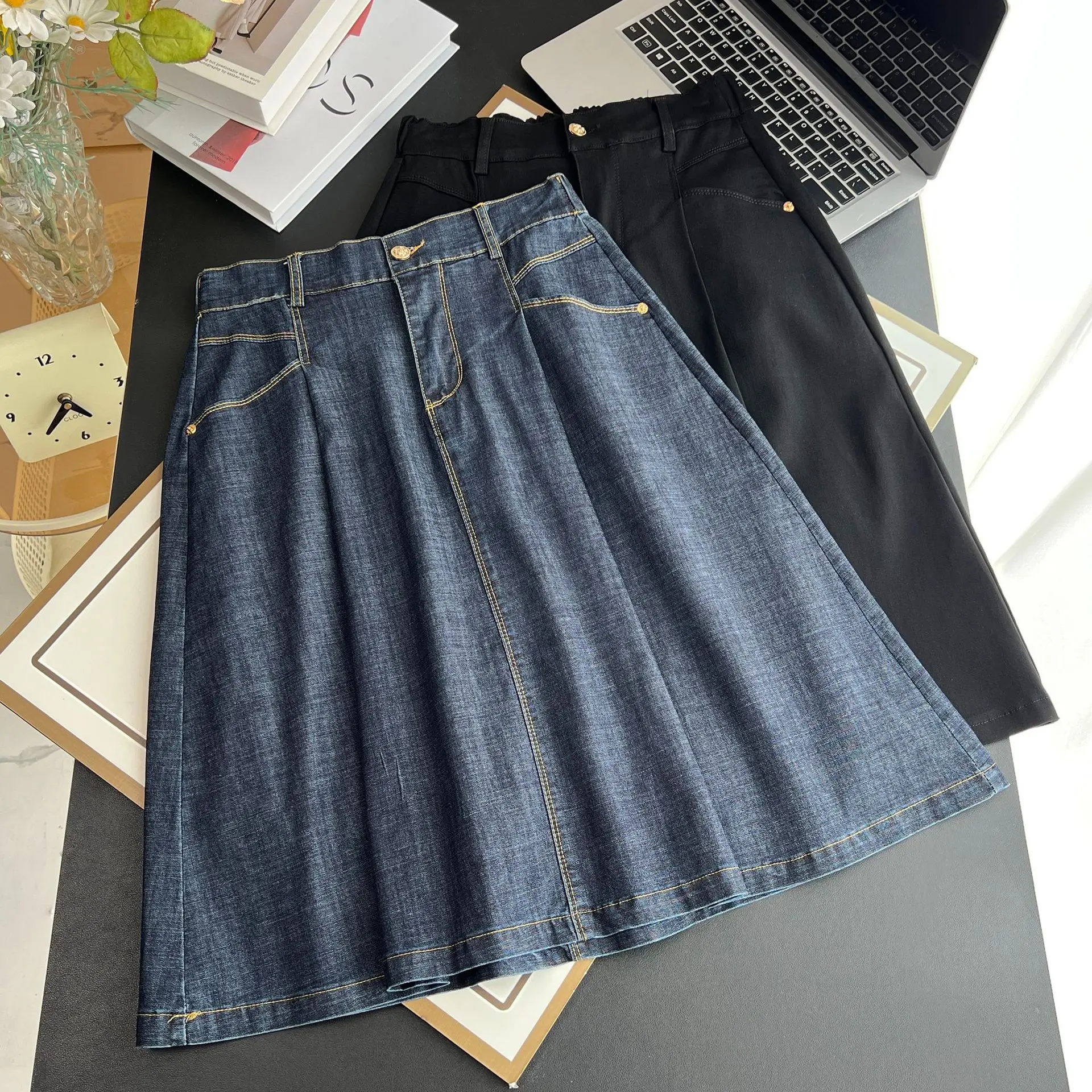 Nueva falda vaquera acampanada plegable informal y a la moda de verano 100KG falda de longitud media de talla grande para mujer 366