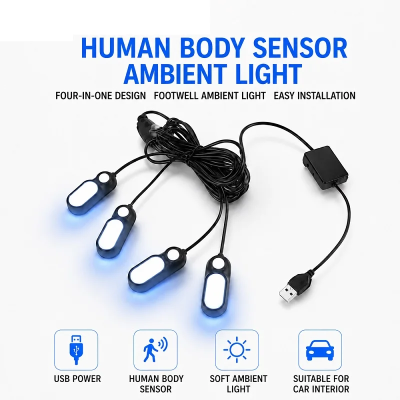 4 in 1 USB Powered Human Body Sensor Car Footwell Light Multi-Color LED Interior Atmosphere Decorative Lamp for Auto