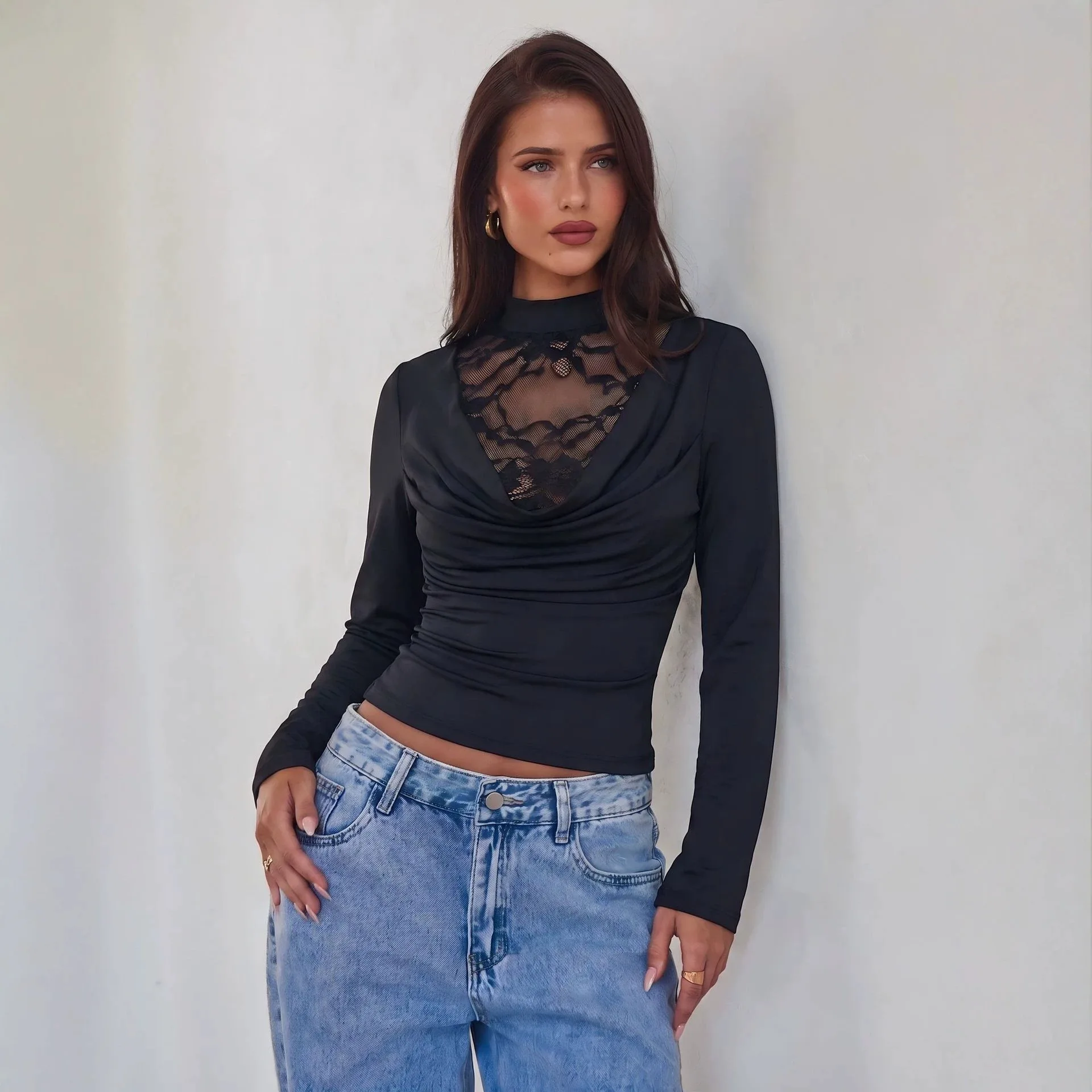 New Fashion Women's Lace Decor Draped Collar Long Sleeve T‑shirt Slim Fit Elegant Versatile Trendy Casual Commute Daily Wear Top