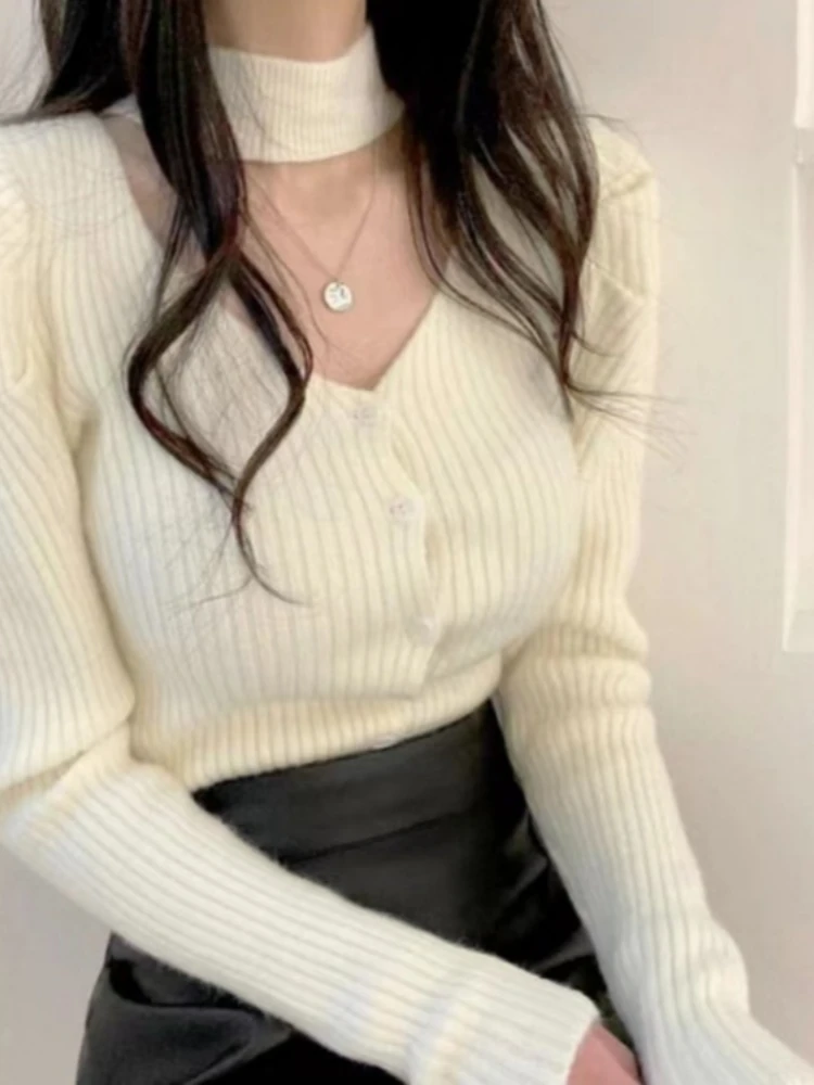 Single Breasted Elegant Sweaters Women Jumper Y2k Halter Crop Tops Slim Casual Knit Korean Fashion Pull Femme  Top Sueter