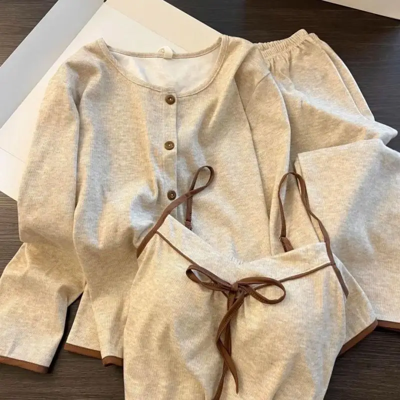 Fashionable Retro Women's Three Piece Set Teenagers' Suspender Long Sleeved Pajamas Trendy Girls' Home Clothes Comfortable
