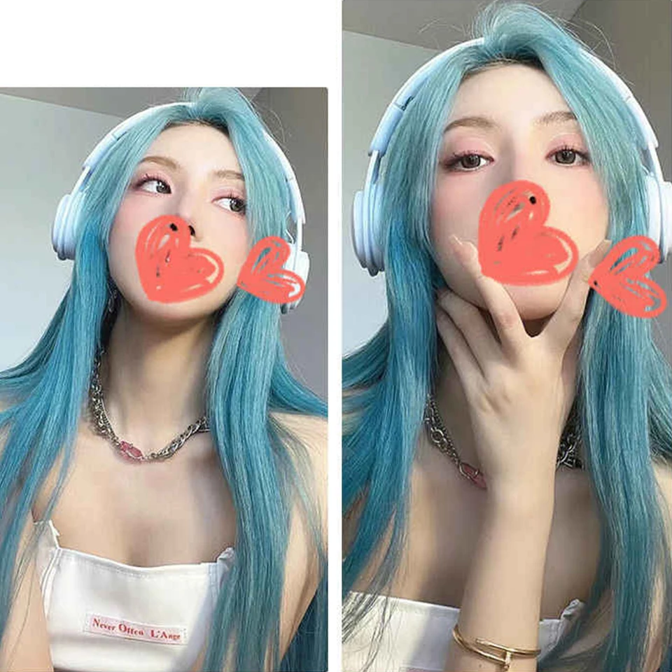 Wig Sintetis Lurus Halus Panjang dengan Poni Wig Rambut Lolita Pesta Cosplay Biru Hijau untuk Wanita Wig Tahan Panas Alami LM