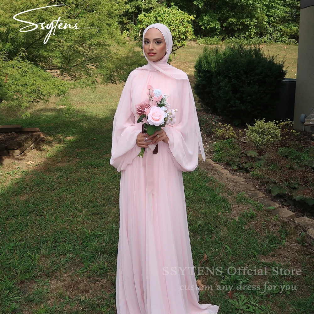 

SSYTENS Pink Hijab Formal Party Dresses 2026 Long Sleeves Modest Prom Gown Woman Pink Chiffon Muslim Evening Dress Customized