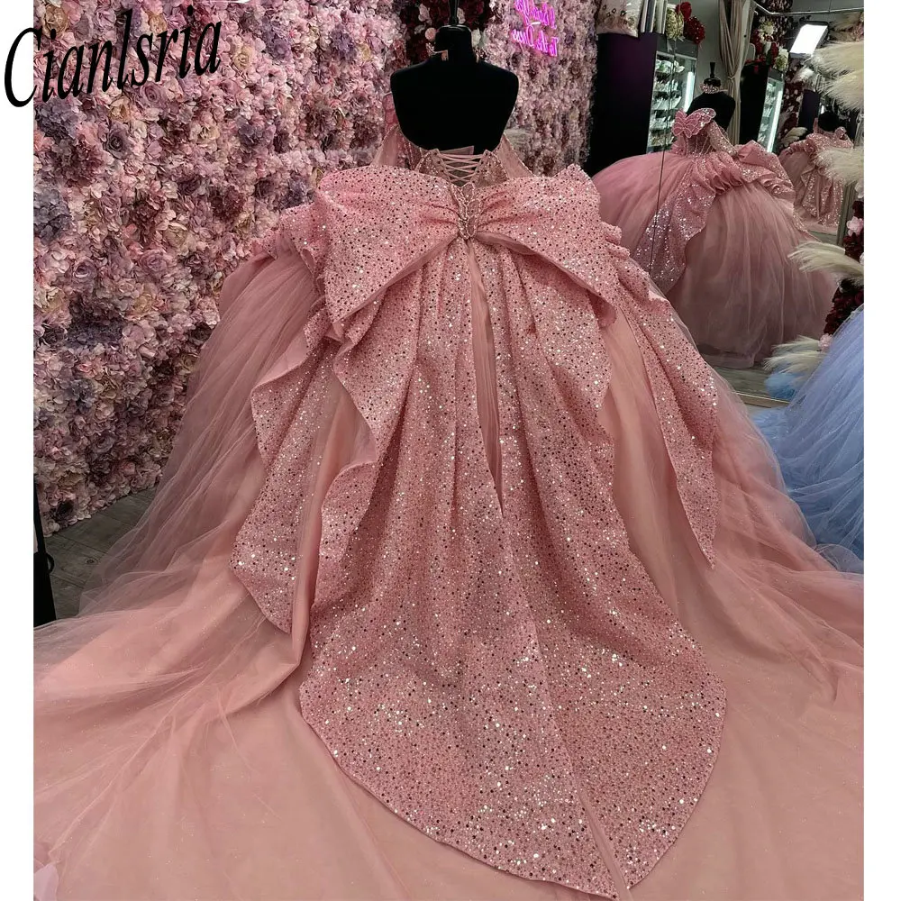 Coral fora do ombro vestido de baile, vestidos Quinceanera, babados com lantejoulas, doce 16, 15 anos