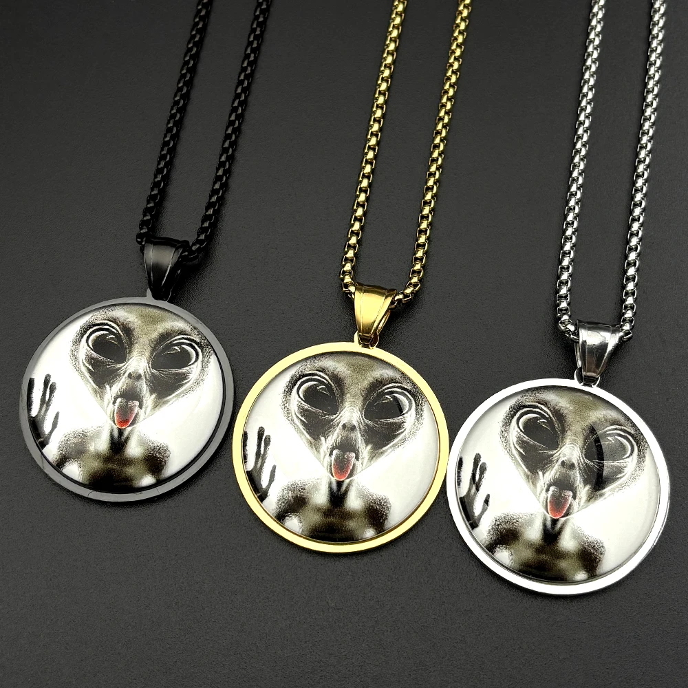 Lustige Alien-Gesicht-Anhänger-Halskette für Damen und Herren, Edelstahl, Glas, Schwarz, Punk, Goth, Herrenkette, Party, Hiphop, Schmuck, Geschenk – Detail 6