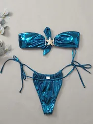 2025 New Shiny 2-piece Swimsuit for Women,solid Color Glossy Strapless Thong Bikini,sexy Starfish Accessories Beach Swimwear New