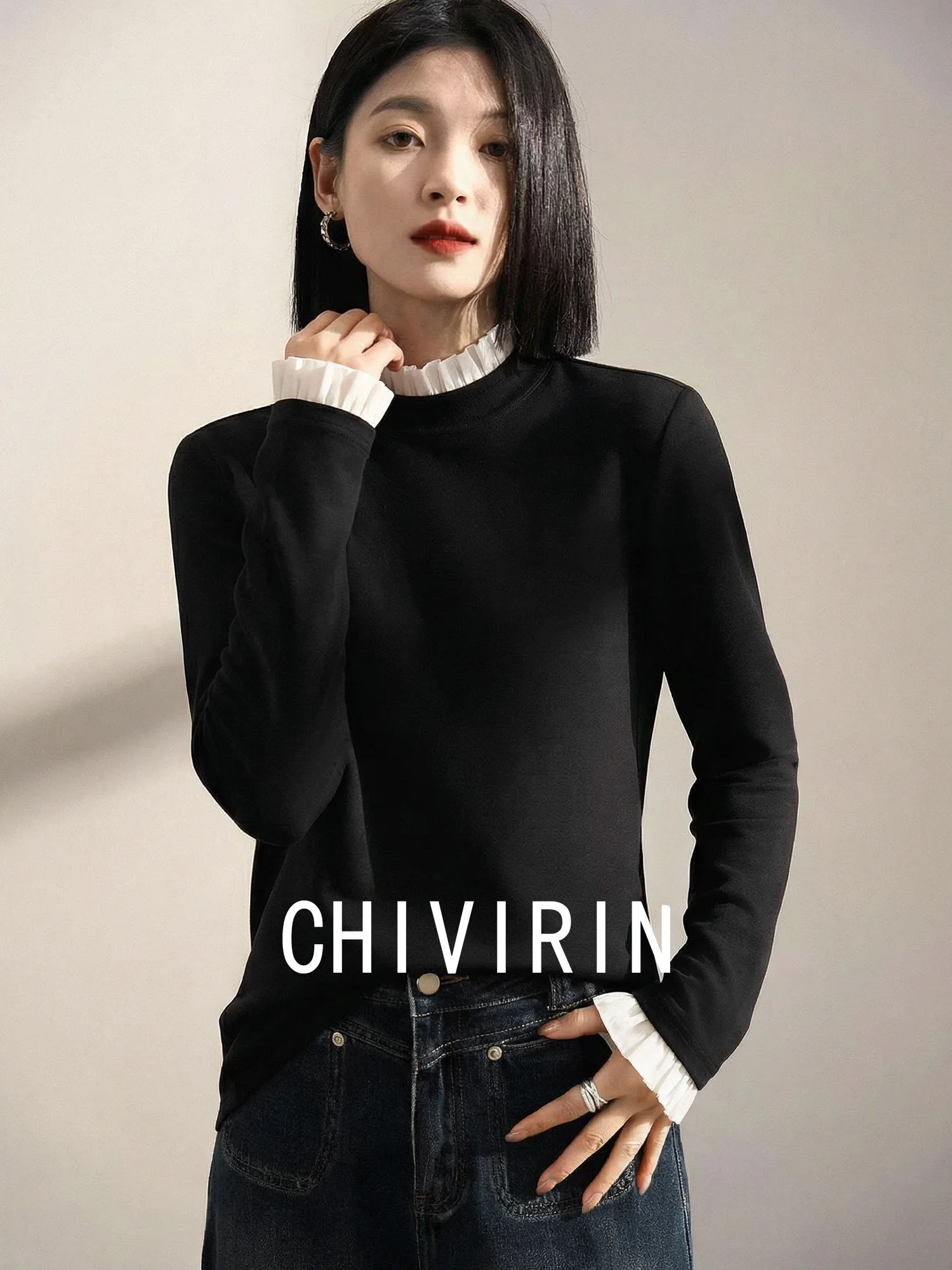 

Chivirin Wool T-irt Women's Long Sve Overhead Ne Design Spring Versatile Base Layer irt Warm Knitted Top for Daily Use