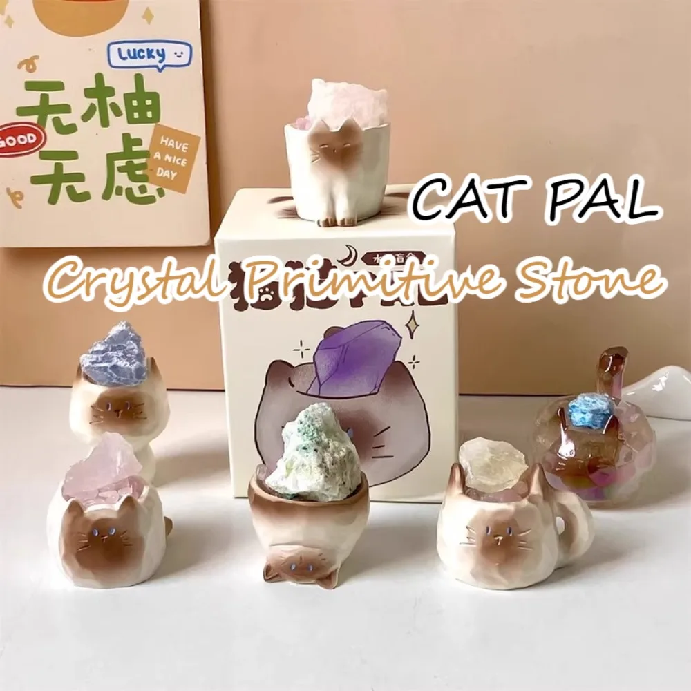Gato pal cristal primitivo pedra série caixa cega decoração de mesa decoração interior dos desenhos animados caixa mistério surpresa presente da menina