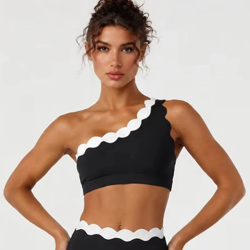 Gym Clothes Double Layer Lace Single Shoulder Fitness Bra Slim Fit Solid Color Sports Top Outdoor Running Summer Yoga Vest