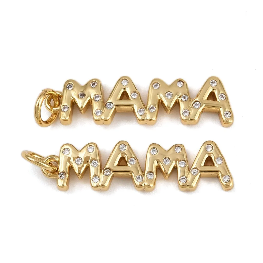

10pcs Golden Brass Micro Pave Cubic Zirconia Pendant Word MAMA Shape Charms with Jump Ring for Jewelry Making