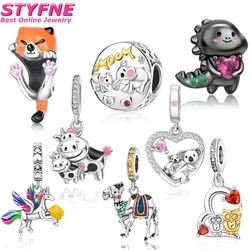Lively 925 Sterling Silver Black Dinosaur Yellow Fox Bead Charm Fit Bracelet Necklace Dangle Pendant Fine Jewelry for Women Girl