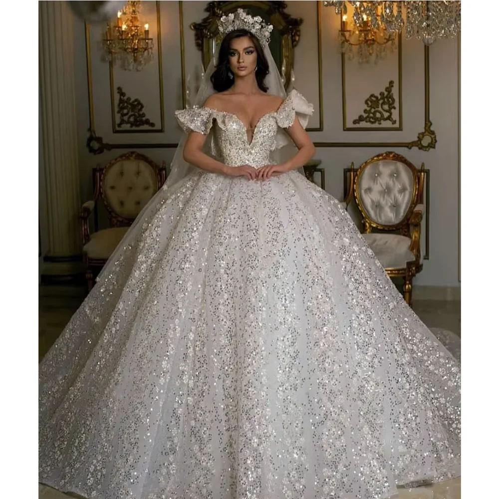 

Elegant Wedding Dresses Luxury Sequined Appliques Ball Gowns Sweep Train Fashion Ruffles Off The Shoulder Bridal Dresses