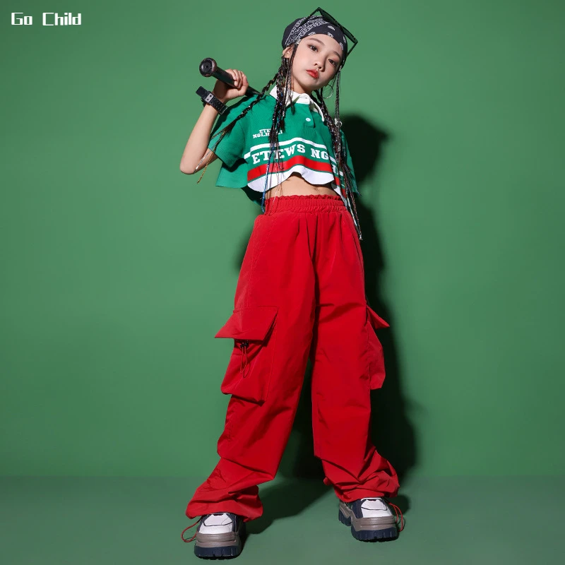 Girls Hip Hop Crop Top Red Cargo Baggy Pants Child Polo Shirt Street Dance Loose Jogger Clothes Set Kids Streetwear Teen T-shirt