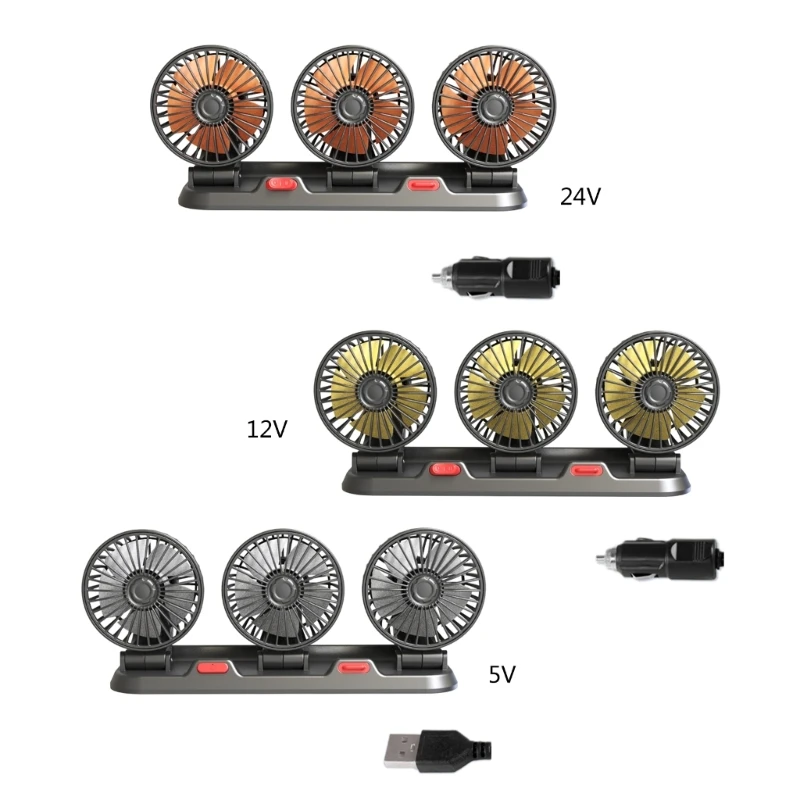 

F3KE Car Cooling Fans USB 5V 12V 24V 3 Head Cigarette Lighter 2 Speeds Car Fan 360 Degree Rotation for Truck Car Vehicles