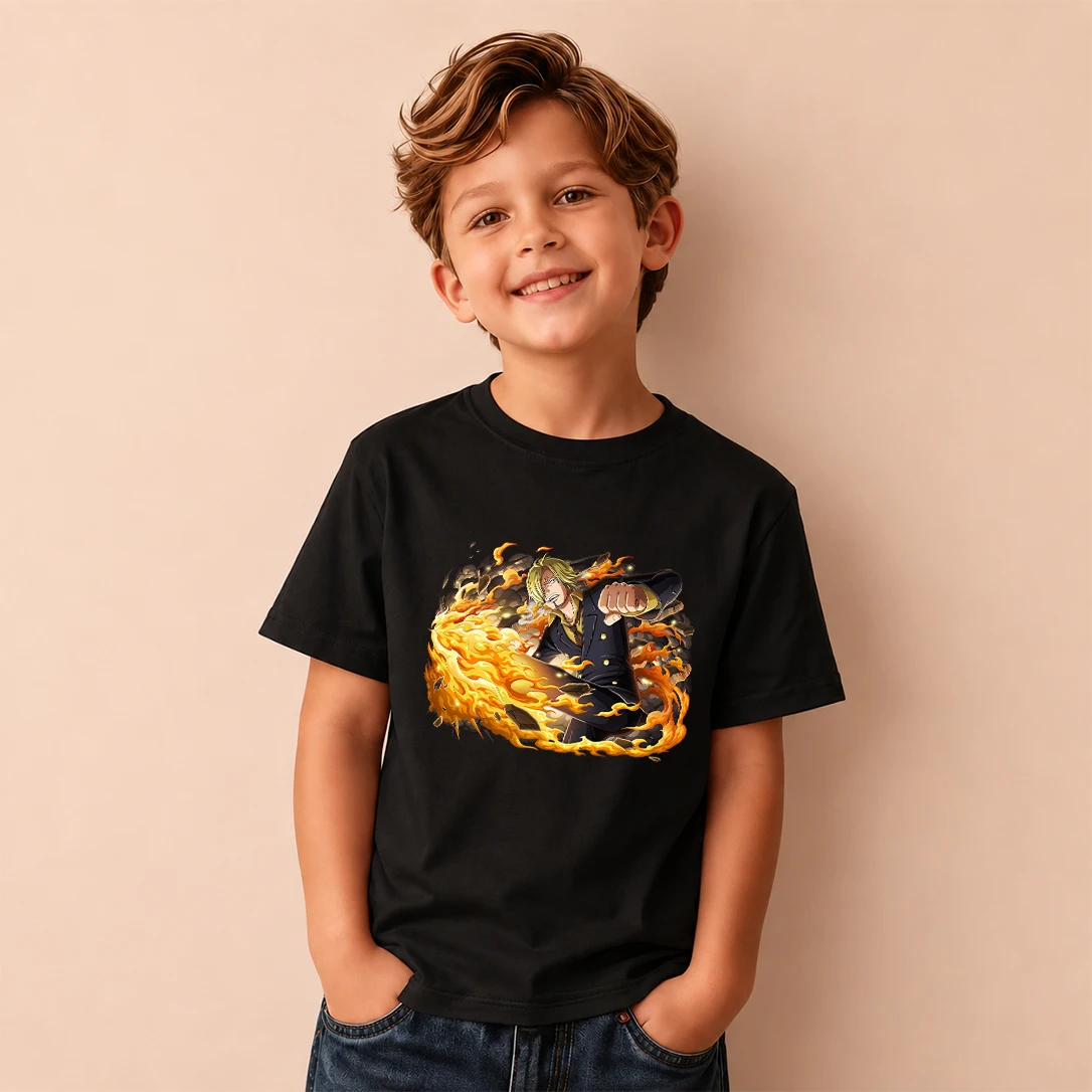 Kids T‑Shirt One Piece Sanji Flame Power Print Short Sleeve Casual Tops Boys Girls Anime Children Daily Wear Tees