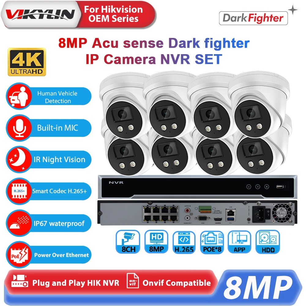 Vikylin 4K 8MP IP Camera For Hikvision OEM DS-2CD2386G2-IU Acusense PoE MD2.0 DarkFighter Home CCTV Security Camera System kit