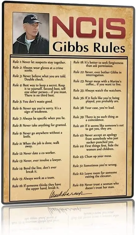 NCIS Gibbs Rules 69 Rules Leroy Jethro Gibbs Signature vintage metal tin signage for bars, cafes, home walls, Art Deco appreciat