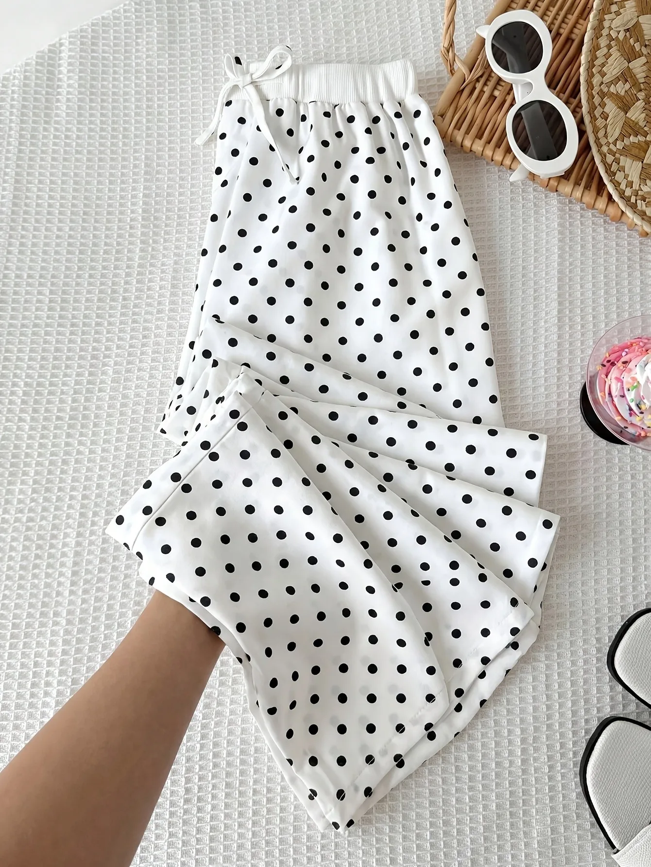 Girls White Polka Dot Wide Leg Pants Elastic Waist Drawstring Loose Casual Trousers Kids Sweet Daily School Vacation Wear