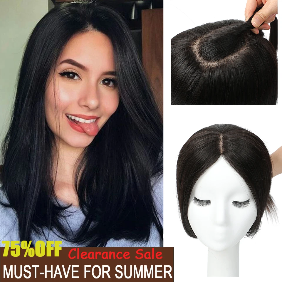 Dazzeal Human Hair Topper Black Straight Hair Extensions 5x8 Silk Base Lace Human Hair Toppers For Women 360°Cover Thinning Hair