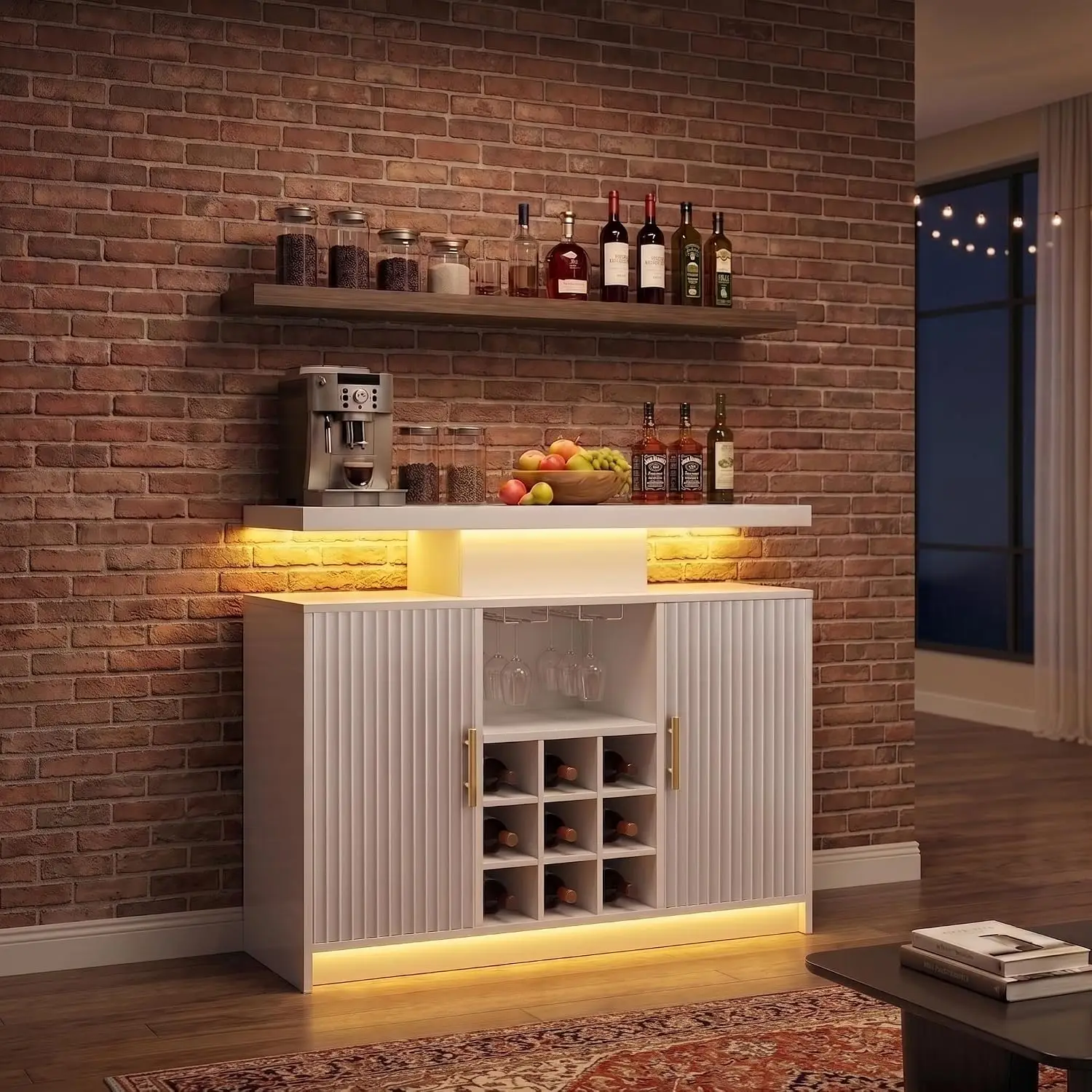 White Wine Cabinet Fluted Coffee Bar LED & Outlets Storage Kitchen Living Room, Customized