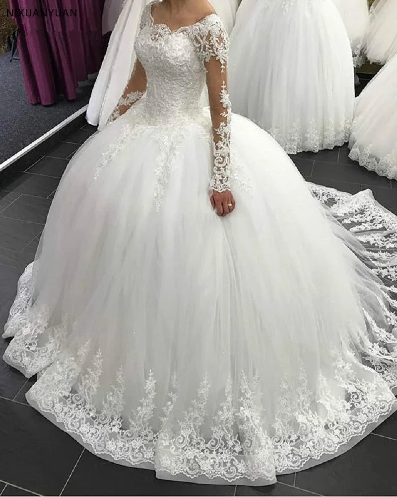 2023 elegante vestidos de casamento de manga longa renda vestido de baile tule princesa líbano vestidos de casamento plus size robe de mariee