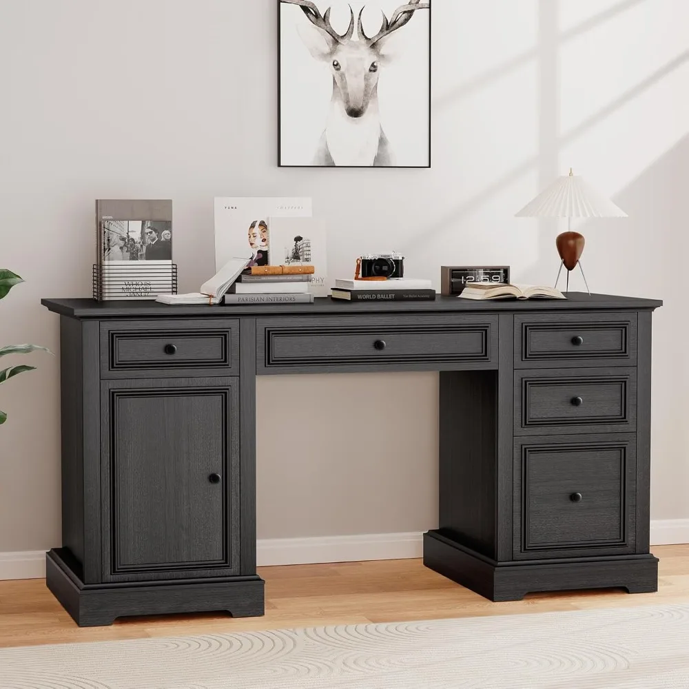 

60-дюймовый офисный стол в фермерском доме с выдвижными ящиками и картотечным шкафом, стол для домашнего офиса из тисненой текстуры дерева, компьютерный стол в деревенском стиле,