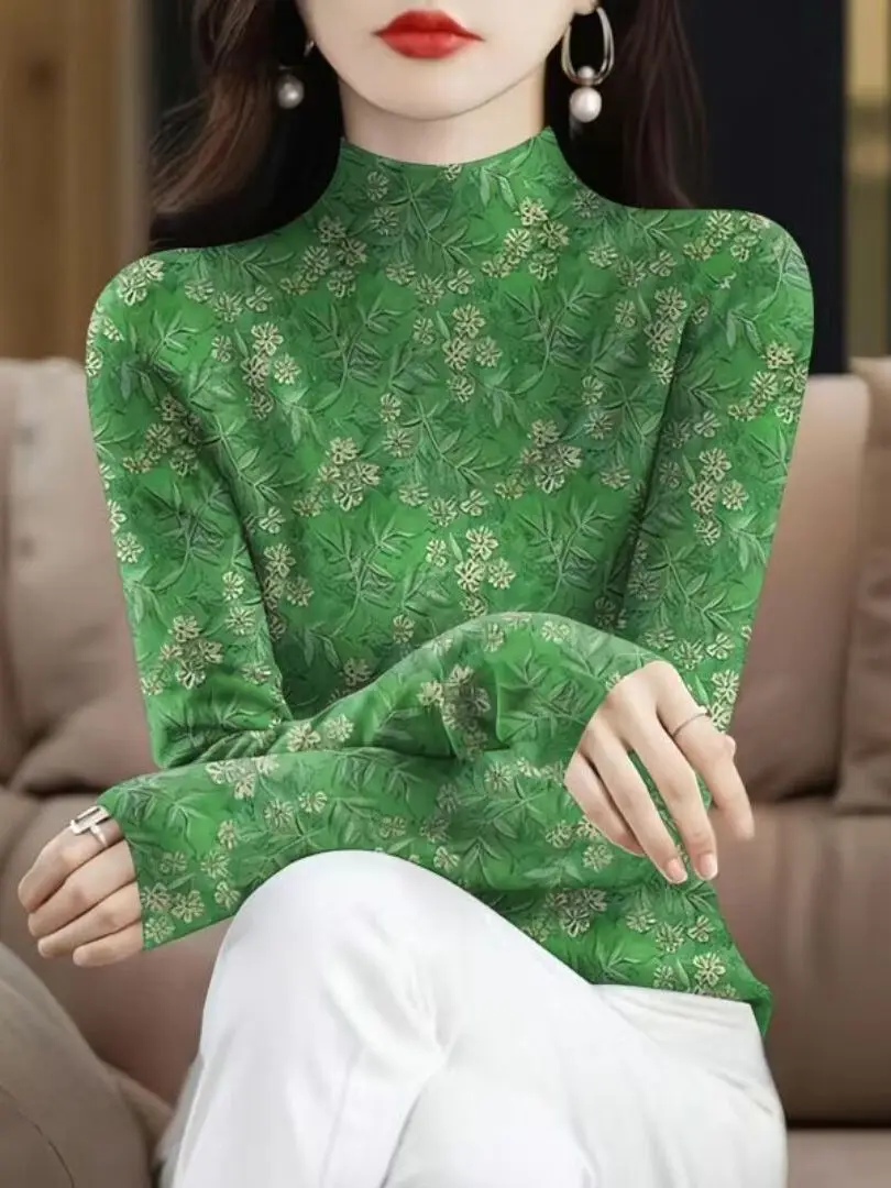 Autumn New Arrival Long Sleeve Half High Neck Mom T-Shirt Anti-Aging Belly Concealing Slimming Versatile Base Shirt Women's Top
