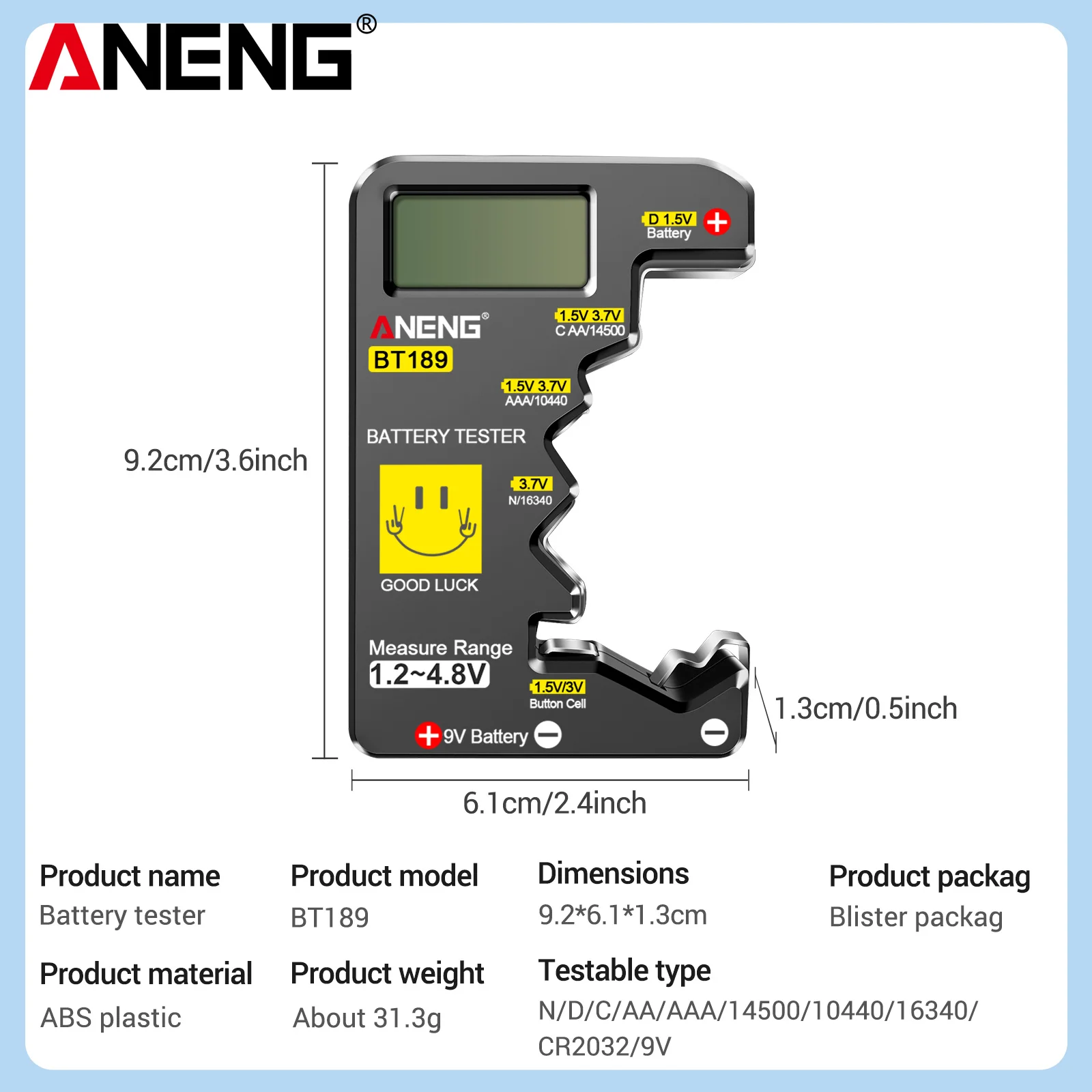 ANENG BT189Digital Battery Universal LCD Battery Checker for 9VAA AAA CD N Coin Cell 1.5V 3V Lithium Ni-MH Battery Voltage Test