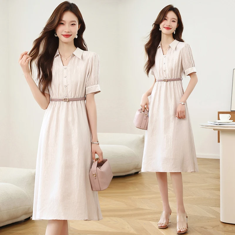 

Элегантное струящееся платье 2026: Новинка лета, французский стиль, короткий рукав, средняя длина, для повседневной носки, А-силуэт.