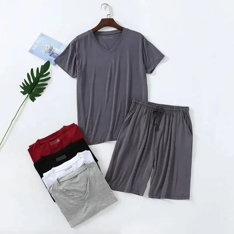 

Summer Pijamas For Modal Plus Size 4Xl Short Sleeve Thin V-Neck Pullover Tops Loose Mens Shorts Pamas Set
