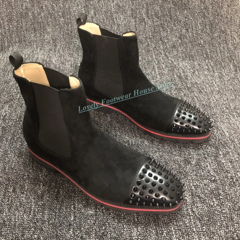 

Мужские стильные бархатные ботинки с заклепками, вязаные эластичные мужские ботильоны с круглым носком, удобные нескользящие ботильоны без шнуровки