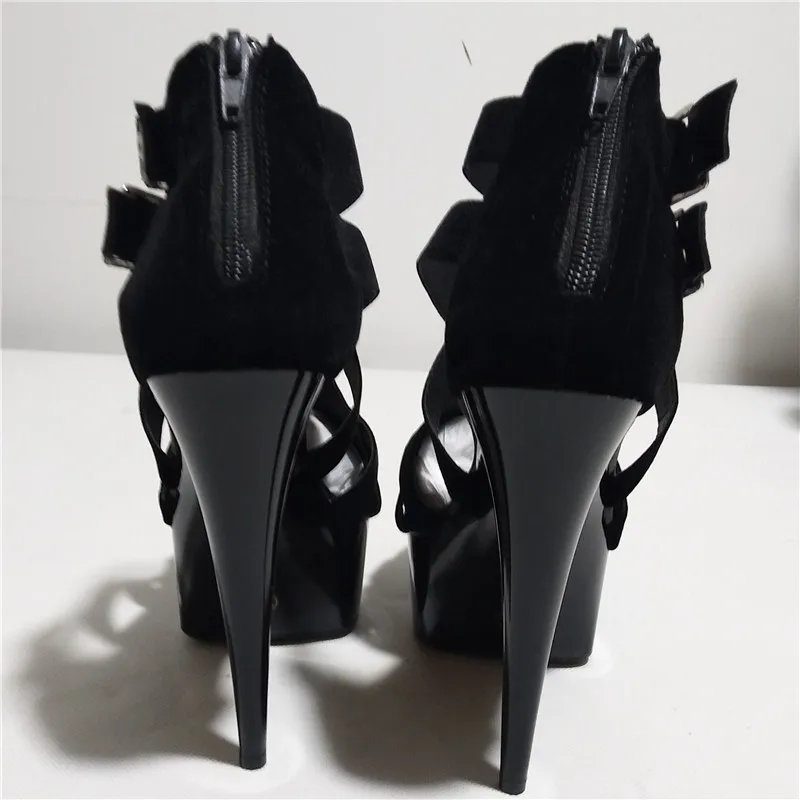 Sapatos de dança salto alto preto, sandálias elegantes, fivela cruzada, novo estilo, 15 cm